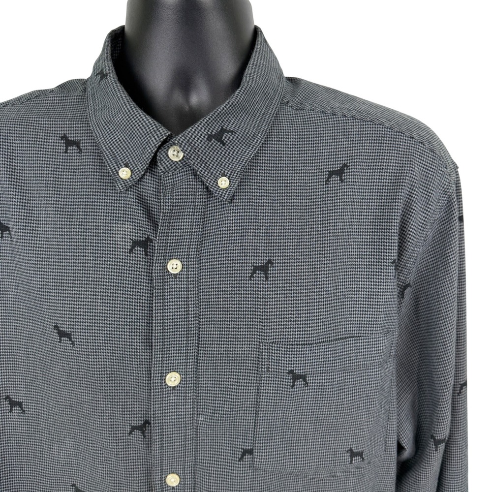 Chaps Mens XL Grey Houndstooth Dog Print Stretch‎ Easy Care Button Down Shirt
